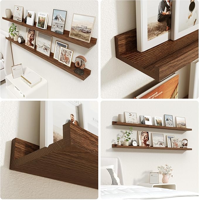 Oak Picture Ledge Shelf,Floating Wall Mounted Shelves, Black Shelves for Wall Decor, Modern Picture Ledge Shelf with Lip for Storage, Bedroom, Living Room, Bathroom,Nursery Display
