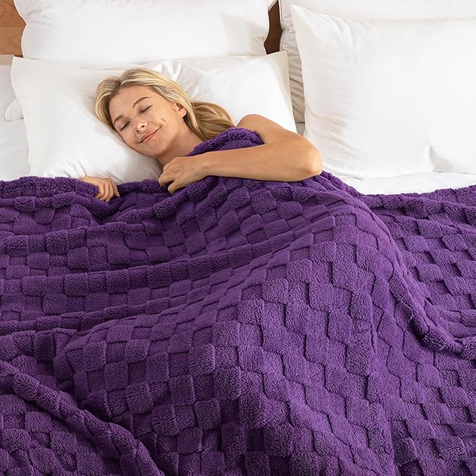Exclusivo Mezcla Queen Size Flannel Fleece Blanket, Super Soft and Warm Lightweight Checkered Pattern Blankets for All Seasons, 90x90 Inches, Purple