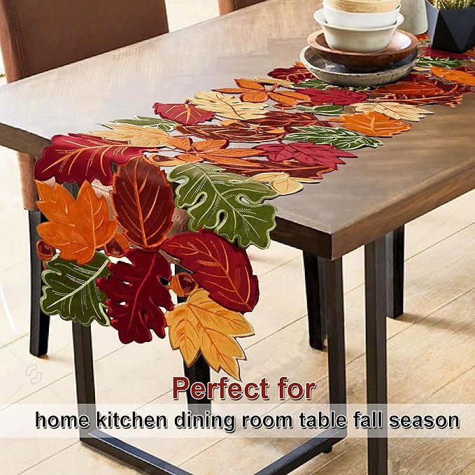 OWENIE Thanksgiving Table Runner, Fall Farmhouse Table Runner for Thanksgiving Holiday, Thanksgiving Table Runner 90 Inch Long with Embroidered Cutwork Maple Lea, 13x 90 Inches