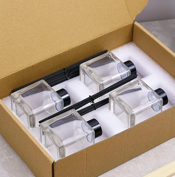 frangrance Glass Diffuser Bottles Diffuser Jars with Black Color caps and Reed Sticks Set of 4 pcs 150ml Fragrance Accessories use for DIY Replacement Reed Diffuser Sets