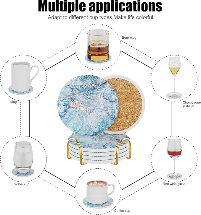 Coasters for Drinks Set of 4, Absorbent Starry Sky Marble with Metal Golden Holder, Ceramic Coaster Set Cup Mat for Home Decor, Bar, Kitchen, Party
