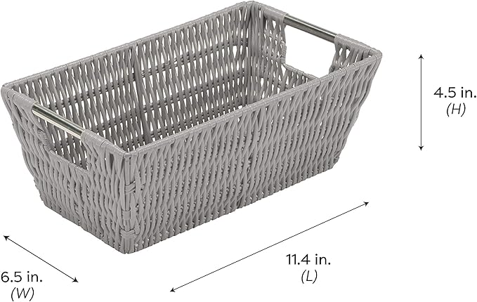 Simplify 11"x6.5"x4.5" Small Shelf Storage Woven Basket with Handles, Nursery, Playroom, Toys, Bedroom, Closet, Clothes, Office, Decorative Rattan Totes, Grey