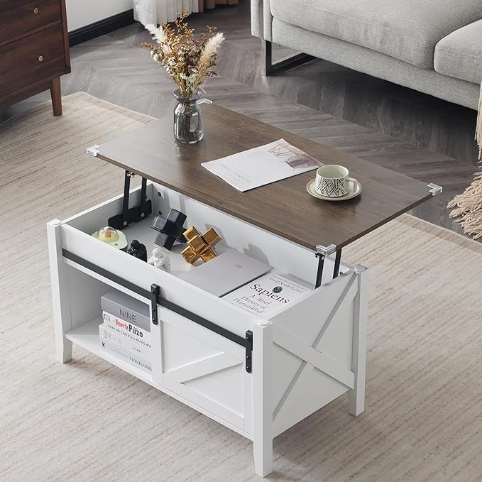 VINGLI 36" Coffee Table with Lifting top, Farmhouse Coffe Table with Storage, Small Lift Top Coffee Tables for Living Room, Rectangular Wood Center Table for Home Decor, White Oak
