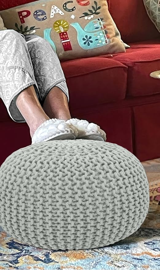 COTTON CRAFT Round Pouf Ottoman - Knitted Cotton Braid Cord Cable Dori Floor Pouf Foot Stool Accent Furniture Chair Seat Bean Bag - Living Room Bedroom Kids Room Nursery Dorm - 20 x 14- Ash Grey