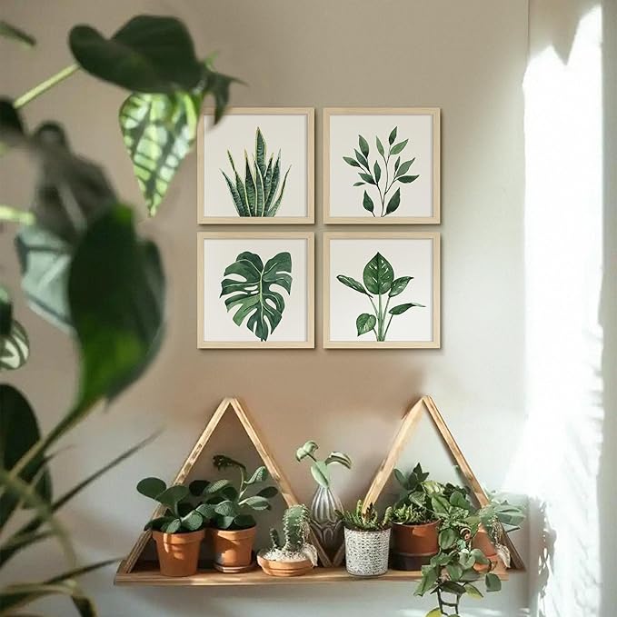 ArtbyHannah Framed Bathroom Wall Decor, 10x10 Inch Botanical Wall Art with Sage Green Plant Print for Wall Decoration, Minimalist Restroom Decor (Natural)