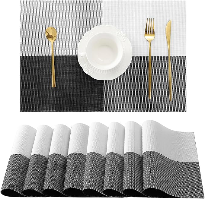 Leetaltree Gray with White Grid Pattern Placemats Set of 8 - Heat Resistant Non-Slip Place mats for Dining Table, Washable Durable PVC Vinyl Woven Table Mats(Grey Grid, 8)