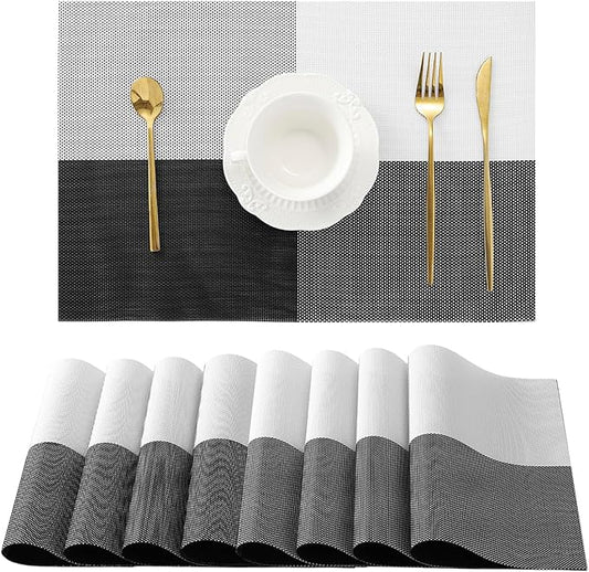 Leetaltree Gray with White Grid Pattern Placemats Set of 8 - Heat Resistant Non-Slip Place mats for Dining Table, Washable Durable PVC Vinyl Woven Table Mats(Grey Grid, 8)