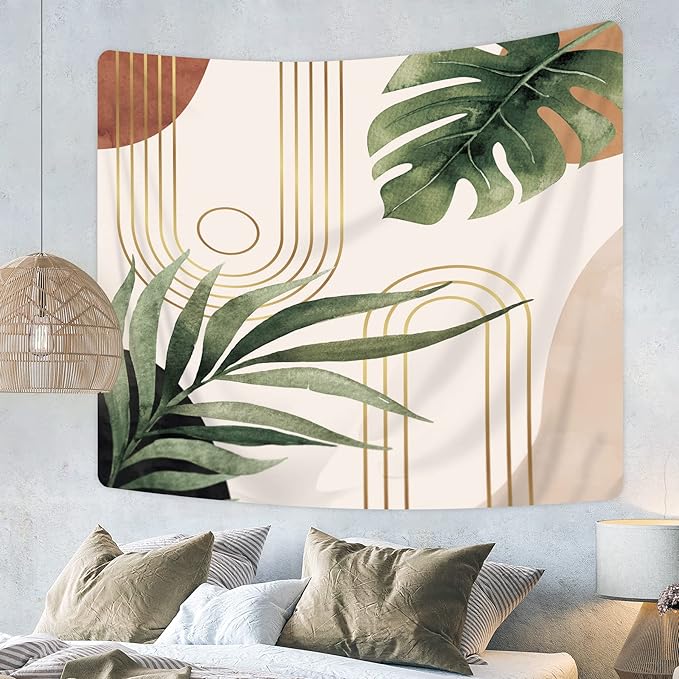 KOMLLEX Abstract Boho Mid Century Tapestry Tropical Leaves Modern Geometric Arch Minimalist Bohemian Plant Botanical Aesthetic Wall Hanging Neutral Home Decor Art for Living Room Bedroom Dorm 78Wx59H