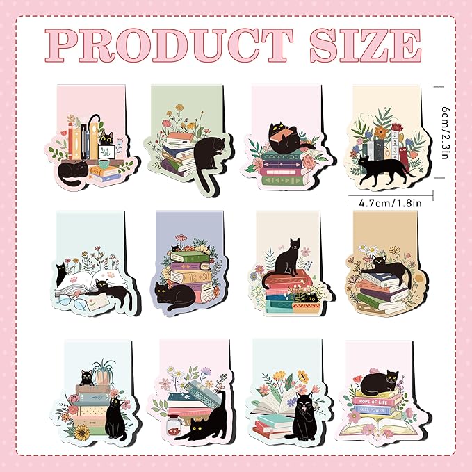 Black Cat Magnetic Bookmarks: 12 Pcs Cute Cat Magnet Book Page Markers, Pretty Flower Animal Book Mark Clips for Reading, Gifts for Kids Women Students Book Lovers Office School Supplies
