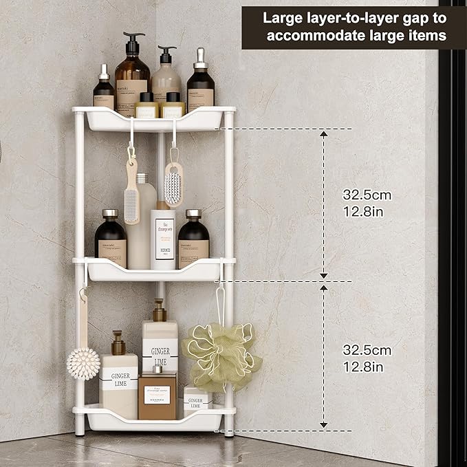 Orimade Rustproof 3 Tier Floor Standing Corner Shower Caddy Organizer, Plastic Metal Splicing Floor Corner Shelf Rack Stands for Bathroom, White