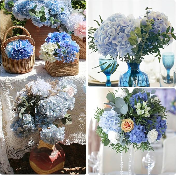 MARTINE MALL 4Pcs 21in Hydrangea Artificial Flowers, Latex Real Touch Hydrangeas Lifelike Large Hydrangea Flowers for Home Decor Party Arrangements Wedding Bouquets Centerpieces (Blue)