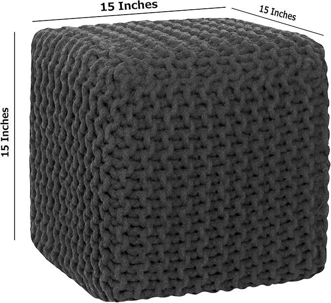 COTTON CRAFT Braided Cube Pouf - Hand Knitted Cotton Cord Cable Dori Ottoman - Foot Stool - Floor Pouf - Footrest - Portable Lightweight Accent Seat - Living Room Bedroom Dorm - 15 x 15 Square - Grey