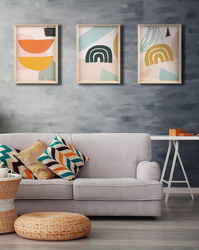 Framed Boho Wall Art for Bedroom,Abstract Canvas Wall Decor,12x16IN Minimalist High Framed Wood Design Prints for Living Room,Bathroom Set of 3