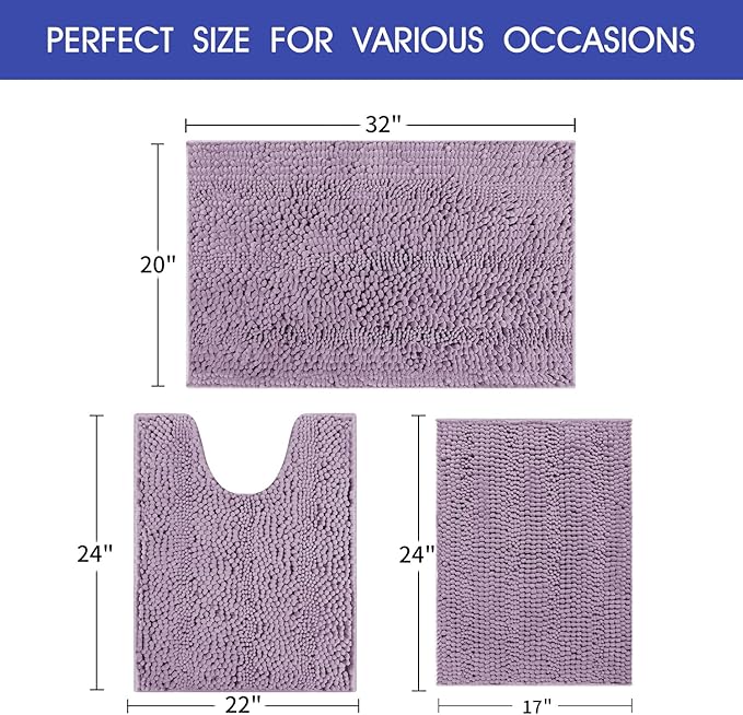 ACCUMTEK Striped Lavender Bathroom Rug Set 3 Pieces Ultra Soft, Non Slip Chenille Toilet Mat, Absorbent Plush Shaggy Bath Mats for Bathroom, Bedroom, Kitchen, Mauve