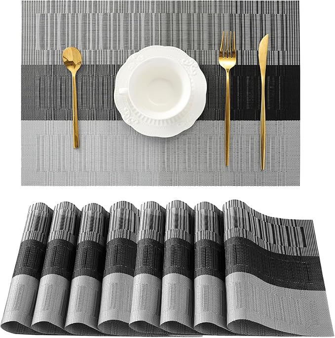 Leetaltree Grey with White Striped Placemats Set of 8 - Heat Resistant Non-Slip Place mats for Dining Table, Washable Durable PVC Vinyl Woven Table Mats(Grey Stripe, 8)