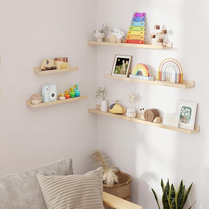 Picture Ledge Shelf, Solid Pine Wood Rustic Floating Shelves for Wall, 16 Inch Floating Shelves with Lip for Bedroom Kitchen Living Room Nursery Display Wall Decor, Set of 2 (Natural)