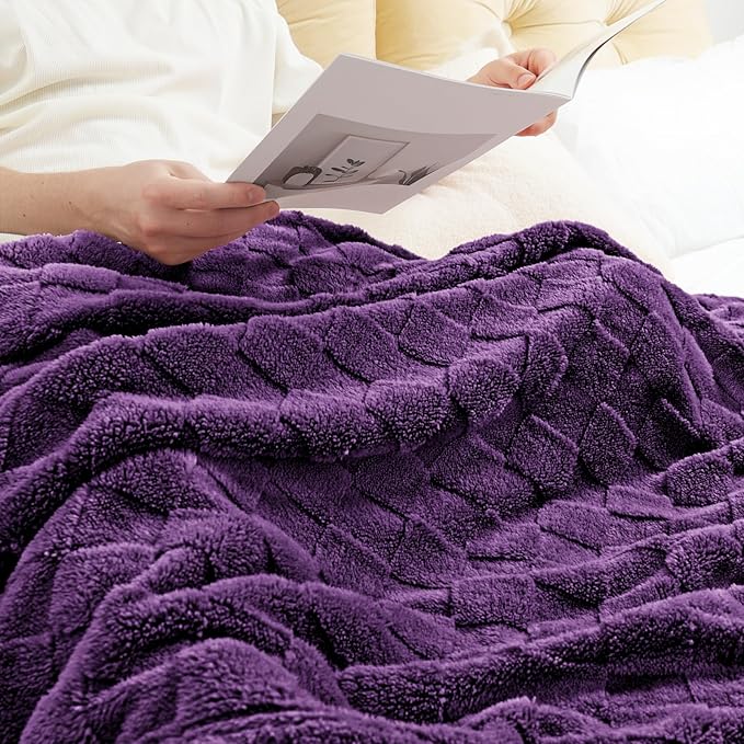 Exclusivo Mezcla Fleece Throw Blanket for Couch,Super Soft and Warm Lightweight Checkered Pattern Blankets for All Seasons,50x60 Inches, Purple