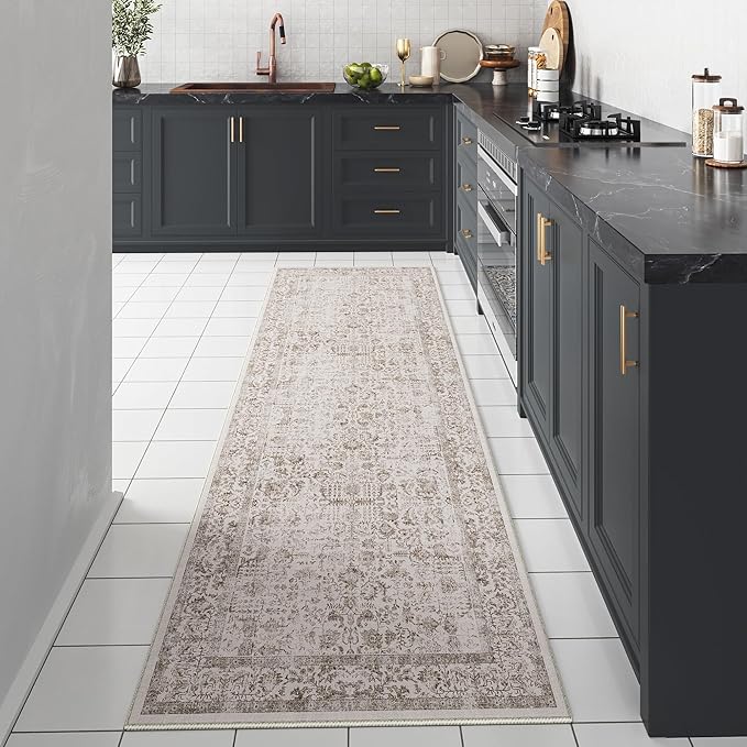 Light Brown Runner Rug 2x8 Hallway Machine Washable Kitchen Vintage Distressed Non Slip Long Carpet Indoor Retro Floral Bedroom Accent Throw Rug for Bathroom Office Laundry Dining Room