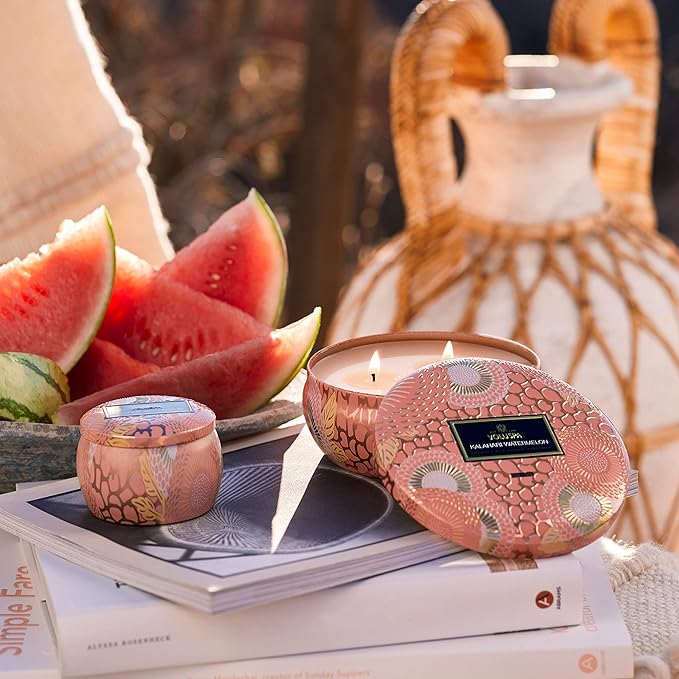 Voluspa Kalahari Watermelon, Mini Tin Candle, 4 oz, 25 Hour Burn Time, Coconut Wax Candle for The Home, Handcrafted in The USA