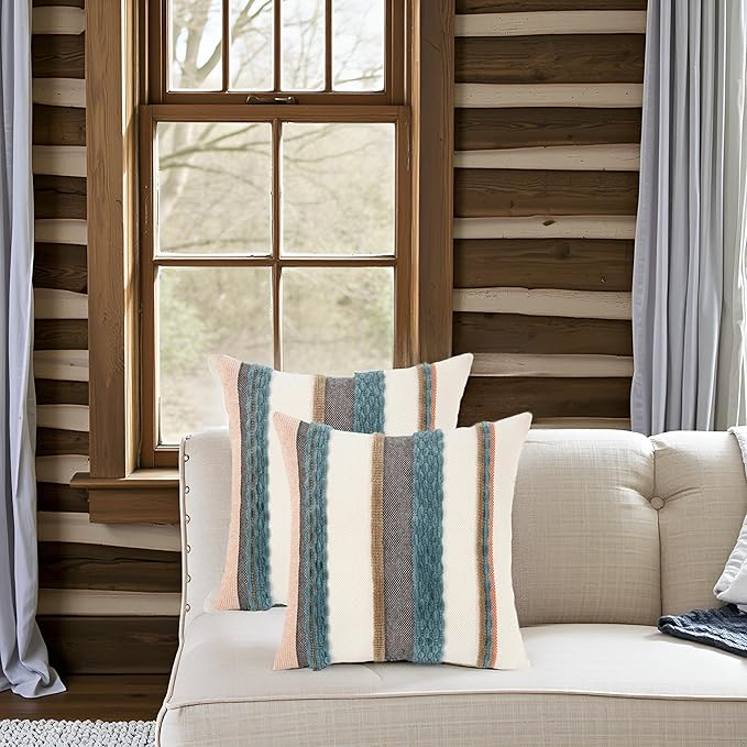 Tosleo Decorative Throw Pillow Covers 18x18 Set of 2 Boho Chenille Tufted Pillow Cover Textured Pillow Covers Striped Pillow Cases Accent Pillow Cases Farmhouse Cushion Case for Sofa Couch Bed,Blue