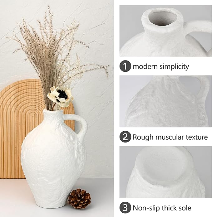 Ceramic Vase with Handles, 10.4inch Tall White Rustic Large Farmhouse Terracotta Vase for Home Boho Decor, Room Table Centerpiece, Living Room, Vintage Pottery Gifts, Bathroom
