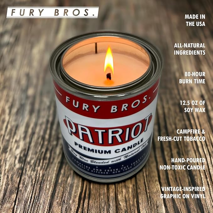 Scented Candles for Men | Patriot | Campfire & Fresh-Cut Tobacco | Natural Soy Wax | Hand-Poured in The USA | Long 70-80 Hour Burn (12.5 oz) | Vintage-Inspired Tin Design | Dad Home Gift