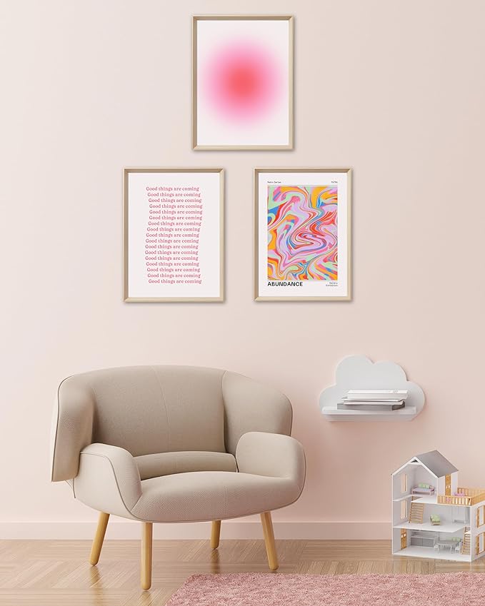 Framed Abstract Pink Canvas Wall Art,Retro Gradient Canvas Wall Decor,16x12IN High Framed Wood Design Print,Minimalist Classic Décor Aesthetic for Living Room,Bedroom,Bathroom Set of 3