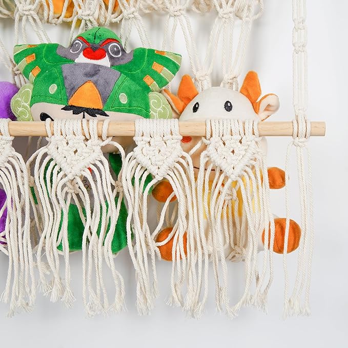 3 Tiers Plush Toy Organizer Hammock with Tassels, Stuffed Animals Net for Kid's, Nursery Boho Net Bag Storage Rack Bookshelf Hammocks Home Decor, 3 Layers, Beige