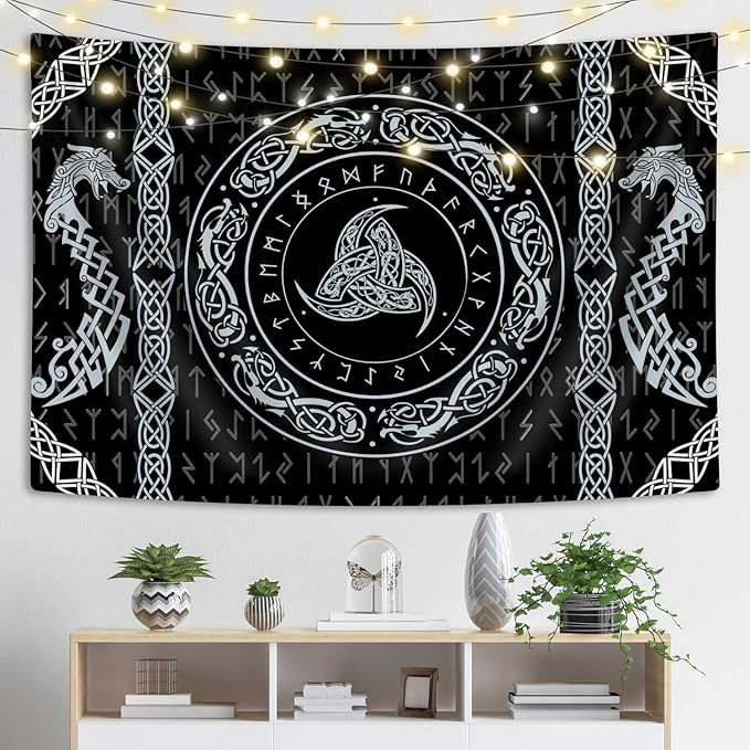 Norse Tapestry, Viking Tapestry Wall Hanging Raven Ancient Rune Dragon Totem Norse Mythology Tapestries, Black White Mystical Geometric Norse Mythology Tapestry Wall Hanging for Living Room Bedroom Decor, 60x40 Inch