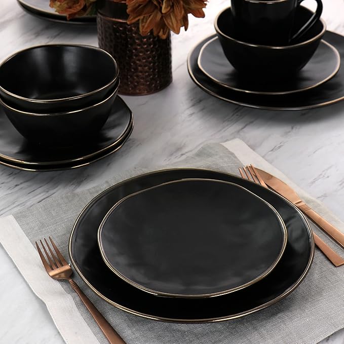Elama Modern 16 Piece Stoneware Dinnerware Set in Matte Black with Gold Rim (ELM-MATTE)