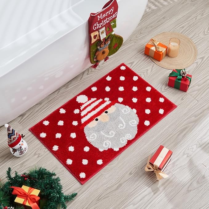 Douceur Christmas Santa Bathroom Rugs, Cute Red Bath Mat, Christmas Bathroom D cor Non Slip Bath Rugs, Soft and Absorbent Washable Bath Rugs for Bath 36"X24"