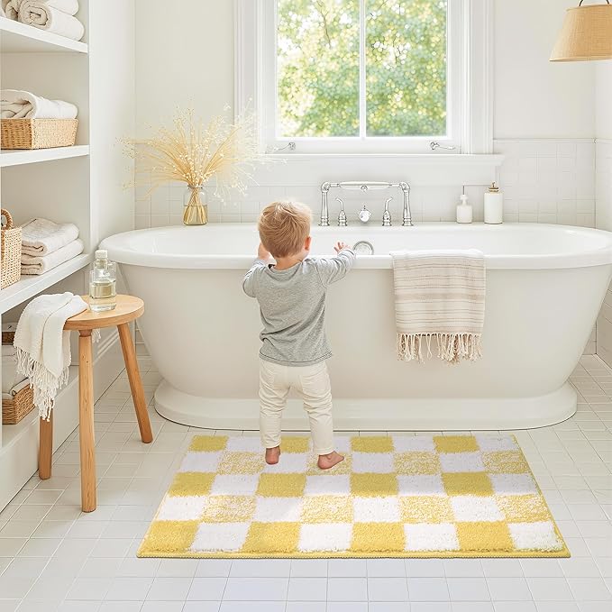 GRANNY SAYS Checkered Yellow Bathroom Rugs, 32" x 20", Non-Slip Bath Mats for Bathroom, Plush Shag Absorbent Microfiber Ultra Soft Bath Mat, Cute Washable Rug for Tub, Shower, Bedroom