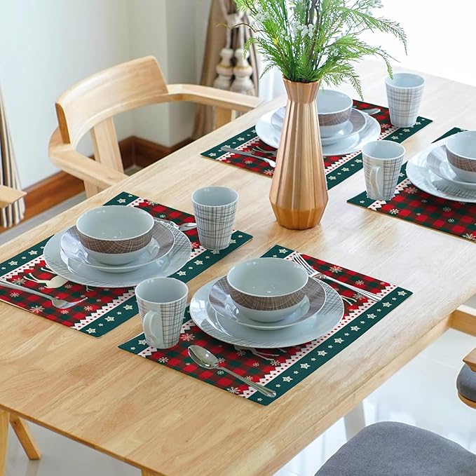 Christmas Elk Snowflakes Placemats Set of 4 for Dining Table,Xmas Reindeer Red Green Buffalo Plaid Washable Table Mats Placemats for Winter Kitchen Holiday Coffee Place Mat 18 x12 Inch