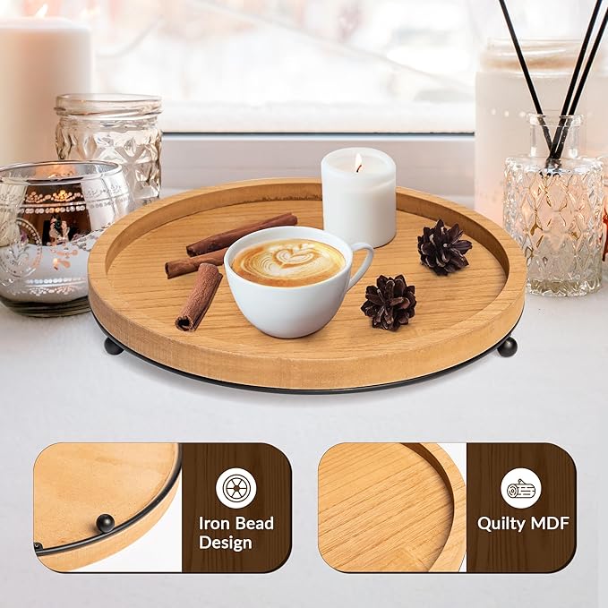 GENMOUS Round Wooden Tray for Coffee Table, Decorative Tray with Iron Bead for Home Decor, Candle Tray Rustic Farmhouse Trays Centerpiece for Living Room Decor, Kitchen Counter Table Dining Decor