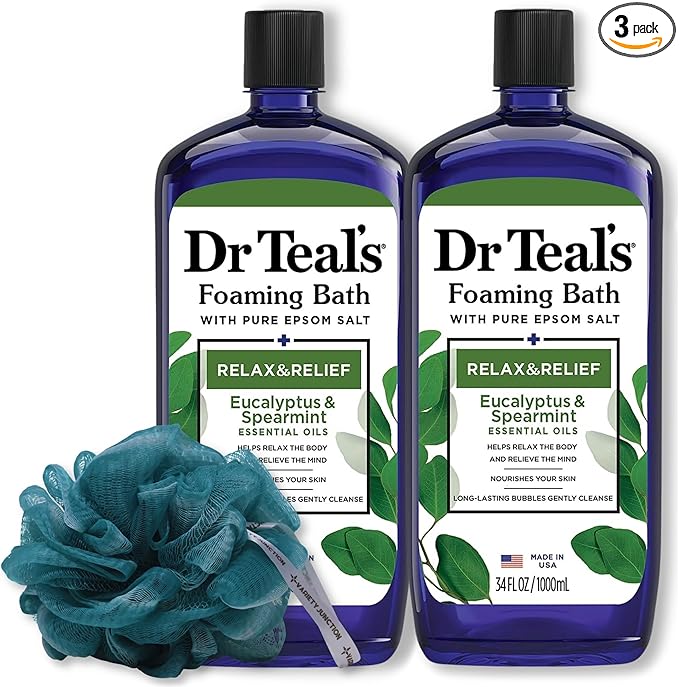 Dr. Teal's Eucalyptus and Spearmint Foaming Bath 34oz Bottles (Pack of 2) with Variety Junction Premium Bath Sponge - Relax and Relief, Bubble Bath, Relaxing, Men's and Women's