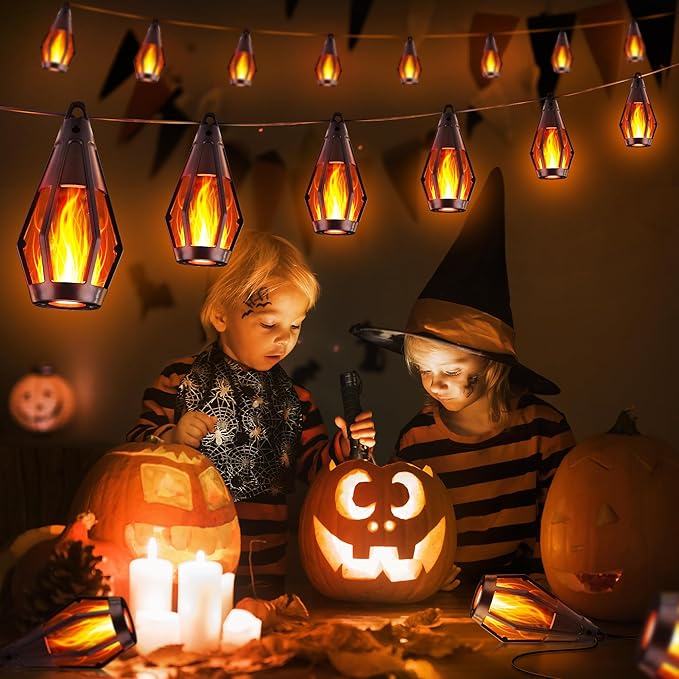 iBaycon Solar Halloween Lights, 27Ft 10 LED Bulbs Flickering Flame String Light, Outdoor Waterproof Solar Flame Lights for Garden Yard Patio Halloween Decorations (Warm White)