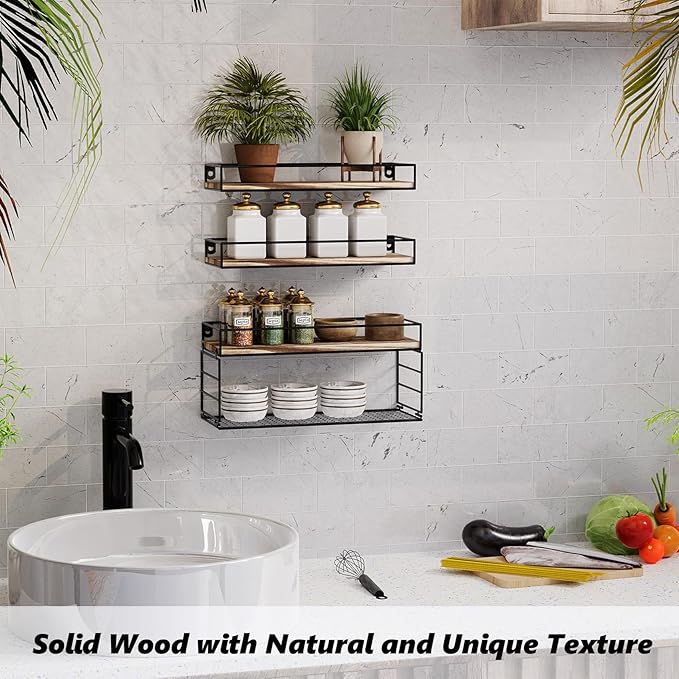 Wall Mounted Bathroom Shelves Over Toilet, Farmhouse Wall Floating Shelf with Guardrail, Bathroom Decor for Bedroom Living Room Kitchen, Rustic Brown (16.2 Inch Set of 3)