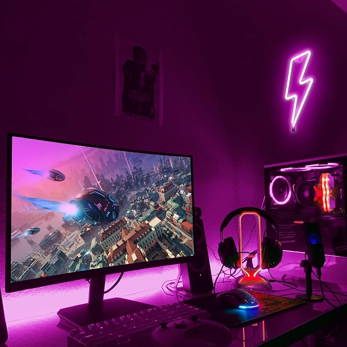 Lumoonosity Lightning Bolt Neon Signs, USB Powered Led Lightning Bolt Light with On/Off Switch, Lightning Neon Sign for Wall Decor, Hanging Led Signs, Neon Lights for Bedroom, Gaming Room Setup