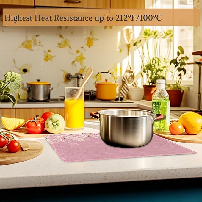 Japanese Cherry Blossom Placemats Set of 6 Washable Table Mats for Kitchen Dining Table,Heat-Resistant Pink Flowers Place Mats for Indoor Outdoor Party Holiday Decoration