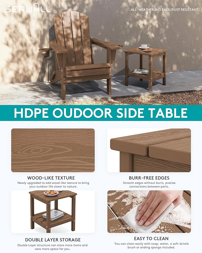 SERWALL 2-Tier HDPE Outdoor Side Table, Weatherproof Rectangular Adirondack Side Table, Brown