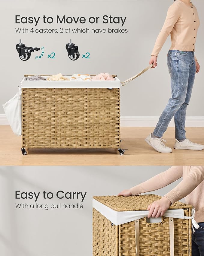 SONGMICS Laundry Hamper with Lid, 55.4 Gallons (210 L), Rolling Laundry Basket with Wheels, 4-Section Synthetic Rattan, Removable Liner, Bedroom, 33.9 x 15.7 x 26 Inches, Natural Color ULCB460Y01