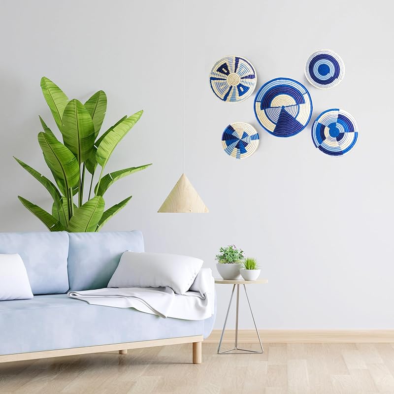 Set of 5 Round Boho Hanging Wall Basket Home Decor for Bedroom, Kitchen, Farmhouse Handmade Decorative Unique Indian Wall Decor Woven Wicker Baskets Decorations (Set of 5, Oceanic)