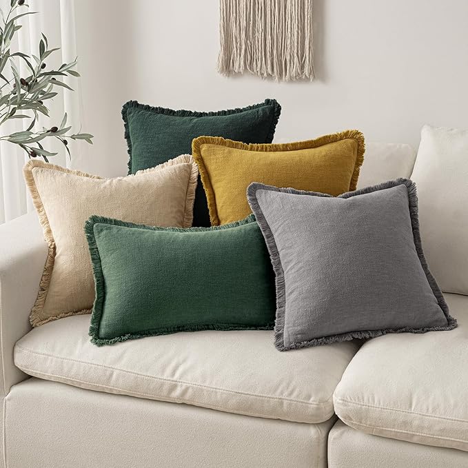 MIULEE Decorative Throw Pillow Covers Neutral Linen Fringe Throw Pillows Set of 2 Greyish Green Boho Farmhouse Cushion Covers with Tassels for Couch Sofa Bed Living Room Spring Home Decor 20x20 Inch