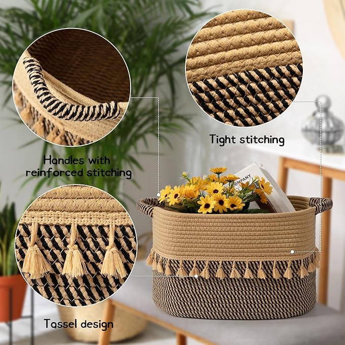 TeoKJ Set of 3 Baskets for Organizing, Decorative Rope Baskets for Storage, Storage Baskets for Pets, books, Pillows, Toys & Cloths, Black & Jute