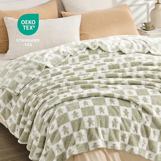 EMME Checkered Blanket Twin Size - 60"x80" Green Knit Blanket Soft Fluffy Patterned Throw Blankets for Couch, Sofa, Chair, Bed, Camping, Picnic, Travel