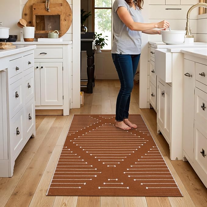 LIVEBOX Boho Washable Entryway Rug, 2.3' x 3.6' Front Door Rug for Entryway Indoor Burnt Orange Kitchen Rugs Moroccan Outdoor Mat, Hand-Woven Area Rug Cotton Throw Carpet for Layered Porch Bathroom