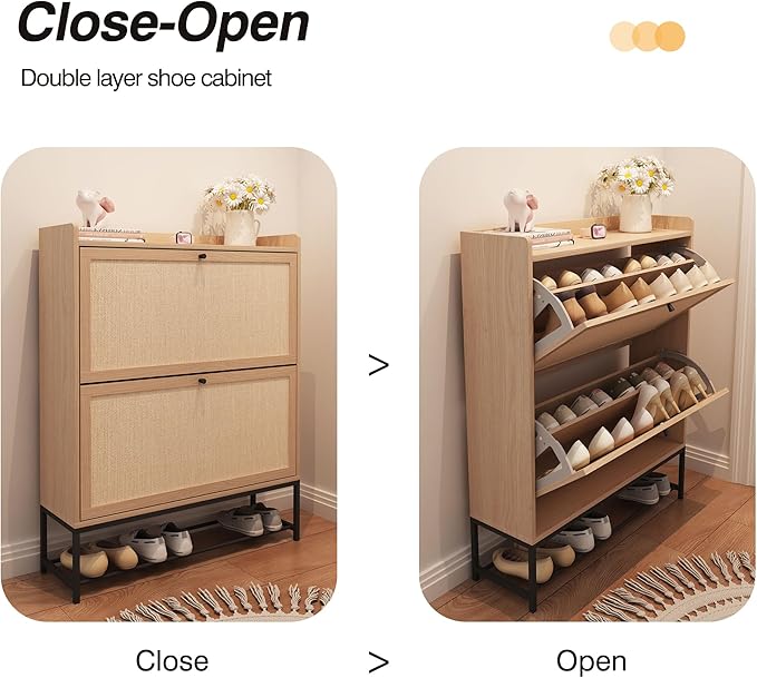 AVZEAR Narrow Shoe Storage Cabinet for Entryway with 2 Flip Drawers, Freestanding Shoe Cabinet with Natural Linen Panel, Slim Wood Shoe Organizer Closed Shoe Rack for Hallway, Foyer(Natural)