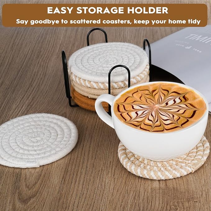 8 Pcs Drink Coasters with Holder, Boho Minimalist Cotton Woven Coasters Set for Drinks Absorbent Coffee Table Home Decor Bar Tabletop Protection, Suitable for Kinds of Cups 4.3 Inch