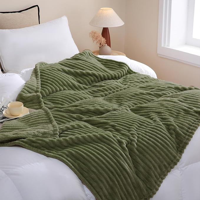 Olive Green Fleece Throw Blanket 50”×60” for Couch Sofa Bed,Super Soft Cozy Plush Microfiber Flannel Blanket with Stripes Design Lightweight for Adults,Woman,Girls