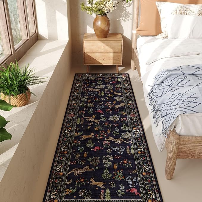 Runner Rug for Kitchen Rug Non Slip 2'x6' Washable Rugs with Rubber Backing Soft Floral Animal Carpet Runner for Kitchen, Laundry, Bedroom, Bathroom (Blue)